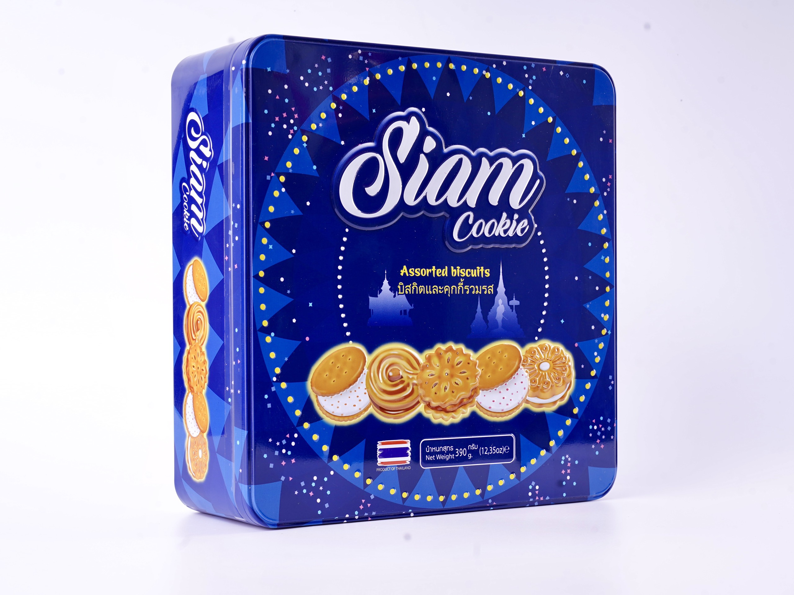 Bánh quy Siam mix các vị 390g - Hộp thiếc vuông màu xanh